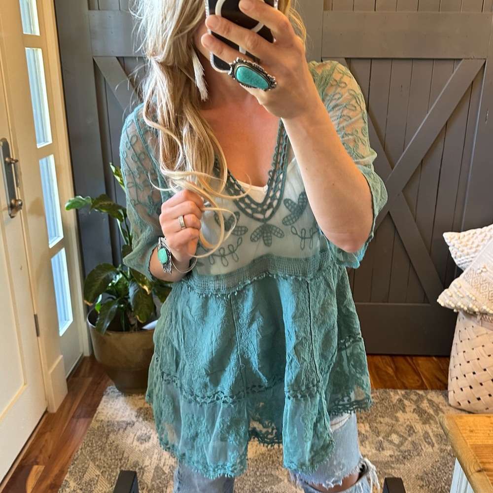 New Teal Lace Crochet Boho Folk Tunic Blouse Top Cover-Up Womens Turquoise